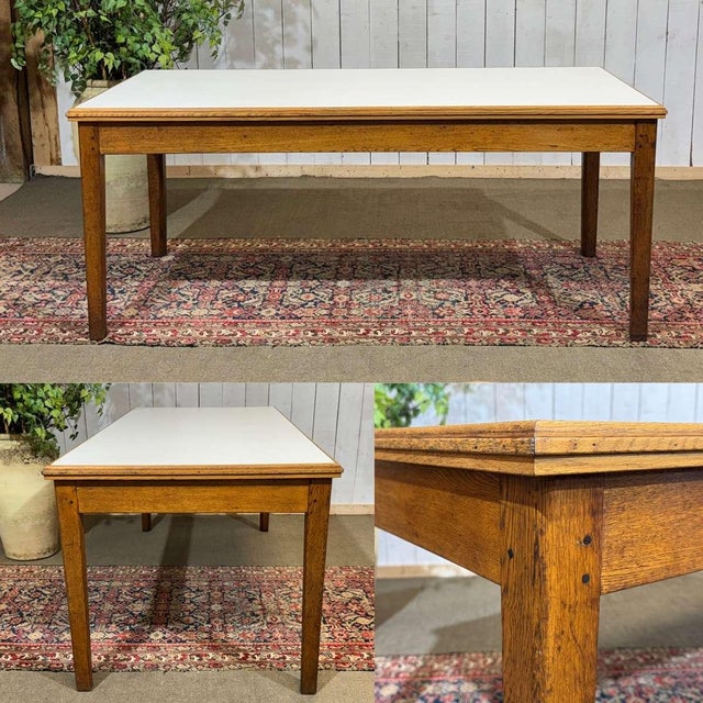 English farmhouse table, oak base, white wood top covered with laminate, work from the 1930s - L=1m86, W=87cm, H=78cm.