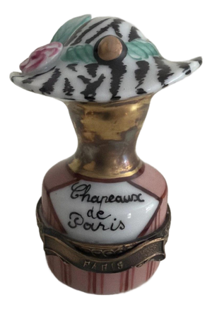 Lovely Chanille Limoges Trinket Box Chapeaux De Paris Rose / Pink with a zebra print (Retired)