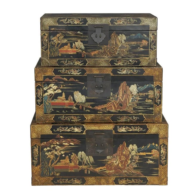 Black Early 20th Century Set of Three Nested Chinese Ebonized Trunks For Sale - Image 8 of 13