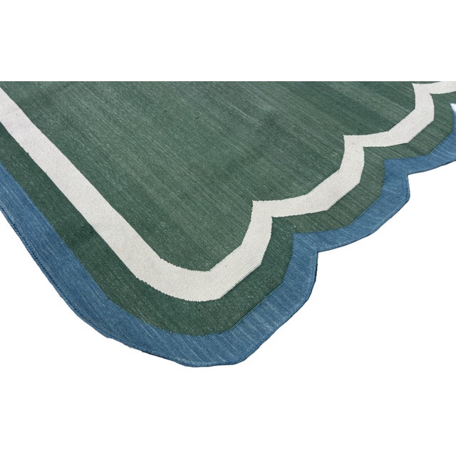 Not Yet Made - Made To Order Handmade Cotton Flat Weave Area Rug, Forest Green and Teal Blue Scalloped Dhurrie - 5'x7' For Sale - Image 5 of 9