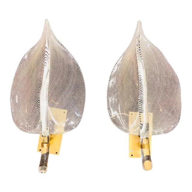 Murano Glass Leaf Sconces With a Zebra Stripe Pattern - a Pair For Sale