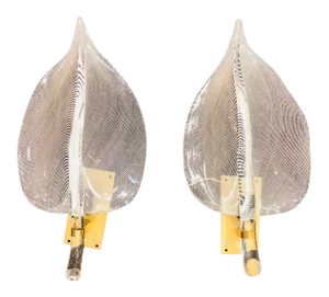 Murano Glass Leaf Sconces With a Zebra Stripe Pattern - a Pair