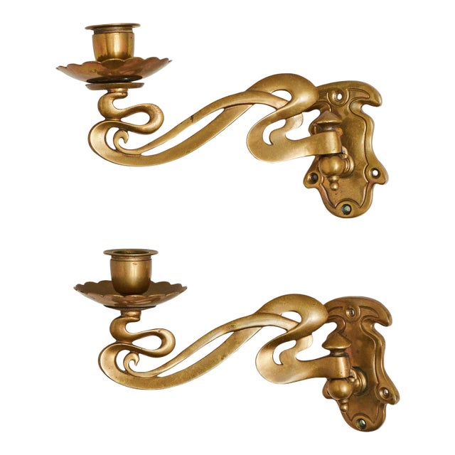 Art Nouveau Brass Taper Candlestick Rotating Sconces For Sale