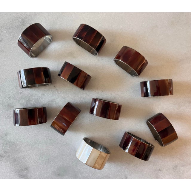 Shell Vintage Brown Mother of Pearl and Chrome Silver Napkin Rings - Set of 6 For Sale - Image 7 of 8