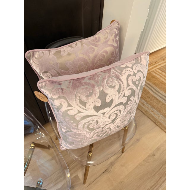 Lavender Pair of New Lilac Velvet Damask Throw Pillows With Down Inserts For Sale - Image 8 of 11