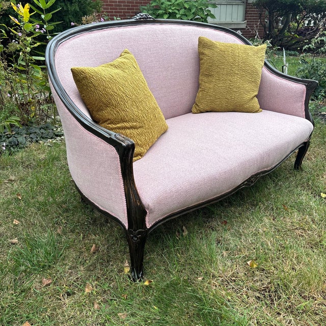 Vintage Blush Wood Frame Loveseat For Sale In Chicago - Image 6 of 15