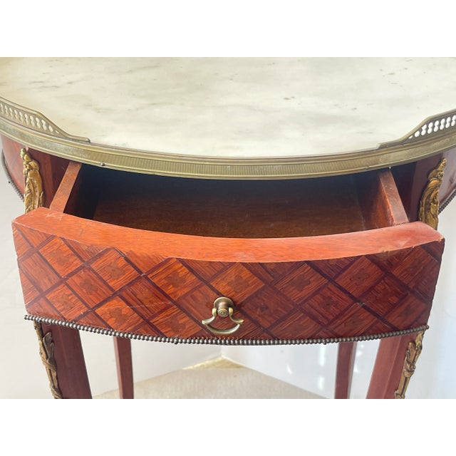 French Marquetry, Brass Gallery & Marble Top Gueridon Table, Early 20Th. C For Sale - Image 9 of 18
