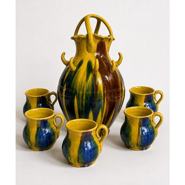 Mexican Vintage Mexican Dripware Pottery Sangria Pitcher and Cup Set For Sale - Image 3 of 6