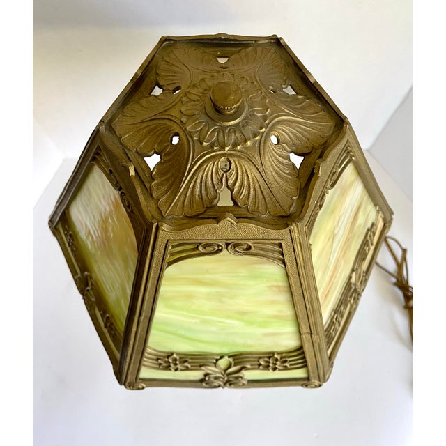 Art Nouveau Antique Edward Miller E. M. Co. Green & Custard Slag Glass Table Lamp For Sale - Image 3 of 12