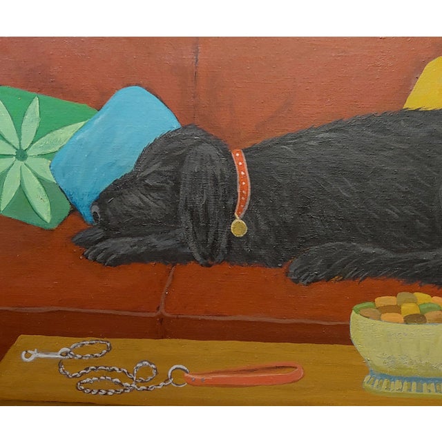 Barbara Chipman Moment -Dog Taking a Nap on the Couch -Naive Oil Painting For Sale - Image 4 of 11