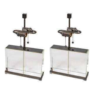Contemporary Heavy Crystal Block Lamps by William Sonoma - Pair For Sale