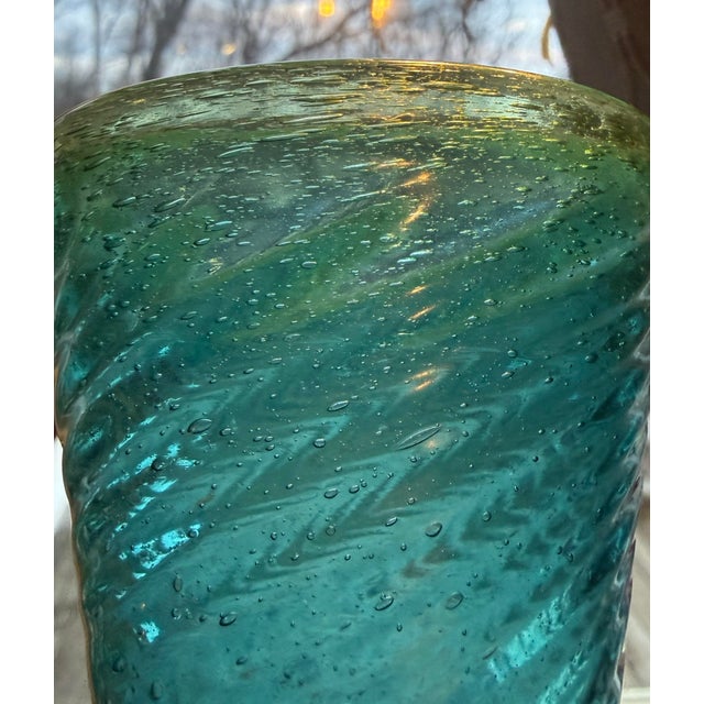 Vintage Glasses Mexican Hand Blown Blue Green Wine Glass Goblets Swirl Pattern 8.5” - a Pair For Sale - Image 4 of 8