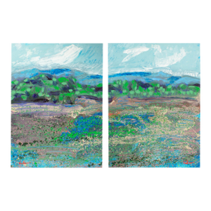 1989 “Wildflower Mountain” Abstract Acrylic Landscape Diptych by Harry Hilson