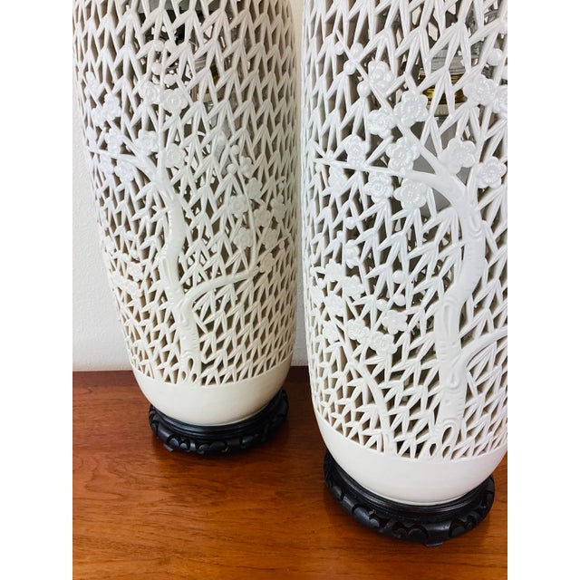 1960s Vintage 1960s Blanc De Chine Pierced Porcelain Cherry Blossom Pair of Table Lamps For Sale - Image 5 of 8