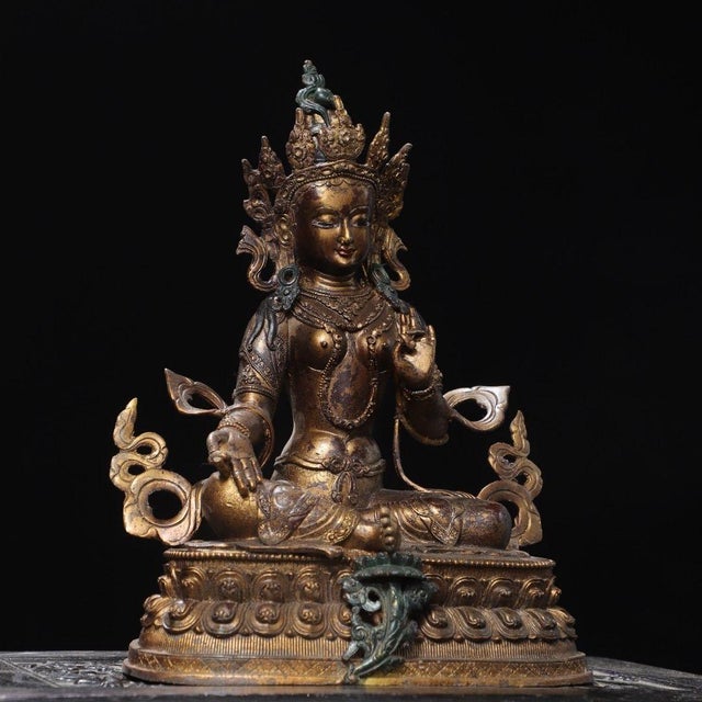 Traditional Large Vintage Gilt Bronze Green Tara Statue / Tibetan Buddhist Figure For Sale - Image 3 of 9