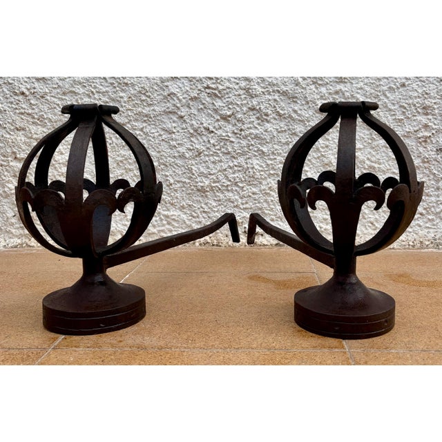 Metal Pair of Spanish Forged-Iron Basket Andirons, circa 1900 For Sale - Image 7 of 15