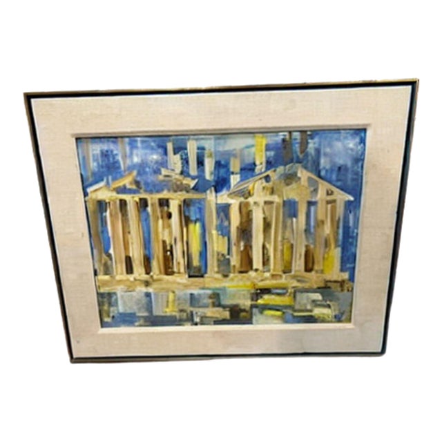 1970s “Acropolis” Watercolor Painting Blue & Yellow by Rae Stone Taub, Framed For Sale