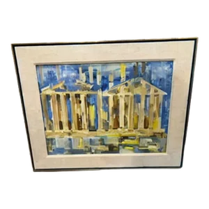 1970s “Acropolis” Watercolor Painting Blue & Yellow by Rae Stone Taub, Framed