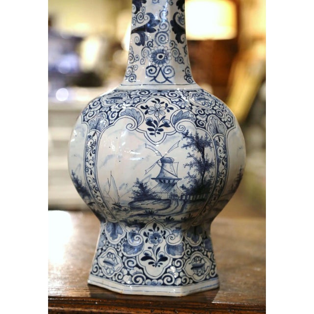 French 19th Century French Blue and White Delft Faience Vase With Windmill Scenes For Sale - Image 3 of 13