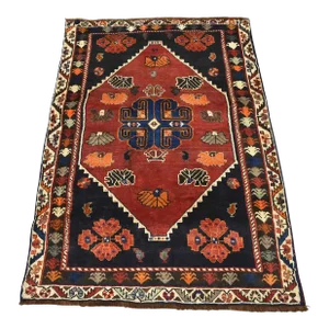 Qashqai Rug 3'4'' X 4'11'' Red Wool Vintage Tribal Hand-Knotted Oriental Carpet