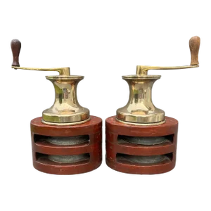 Early 20th Century Brass Sailing Boat Winches With Hand Cranks + 2 Antique Wooden Rope Pulley Blocks
