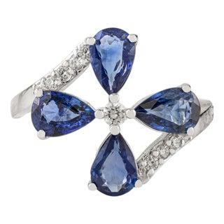 14k Gold 1.58 Ct Floral Sapphire Diamond Bypass Art Deco Ring Size 7 For Sale