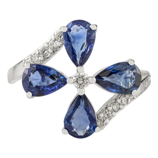 14k Gold 1.58 Ct Floral Sapphire Diamond Bypass Art Deco Ring Size 7 For Sale