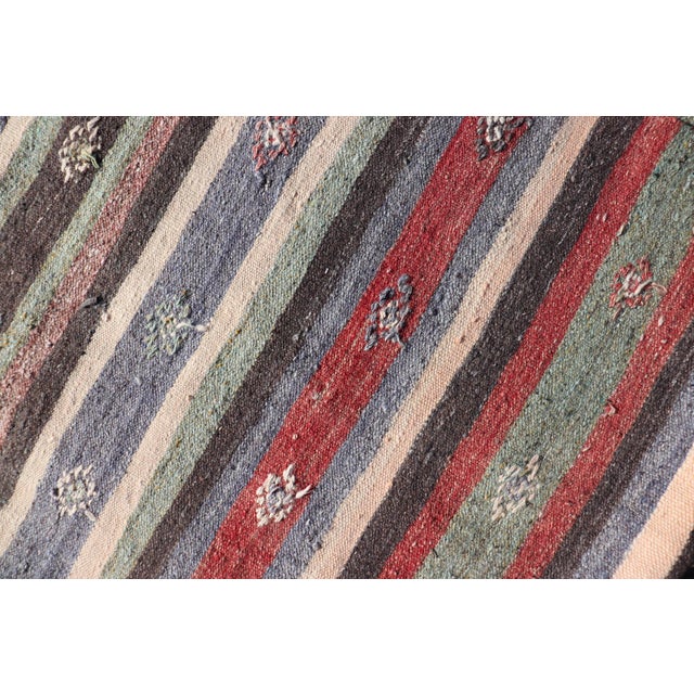 Turkish Vintage Kilim Striped Runner With Tribal Motifs in Copper and Greens For Sale - Image 11 of 11