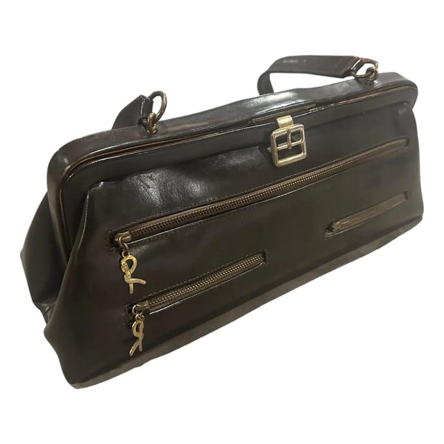 1980s Iconic Brown Leather and Brass Hand Bag by Roberta Di Camerino For Sale