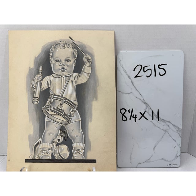 Paper 1940s Original Signed Graphite Illustration of Toddler With Drum, Ball and Toy Dog, 11 × 8.25 In. For Sale - Image 7 of 7