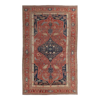 Antique Persian Serapi Carpet, Handmade Wool Oriental Rug, Rust, Ivory and Blue For Sale