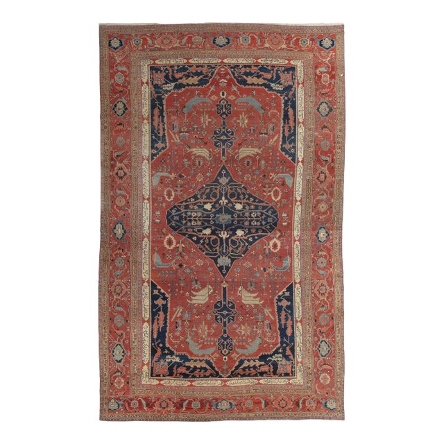 Antique Persian Serapi Carpet, Handmade Wool Oriental Rug, Rust, Ivory and Blue For Sale