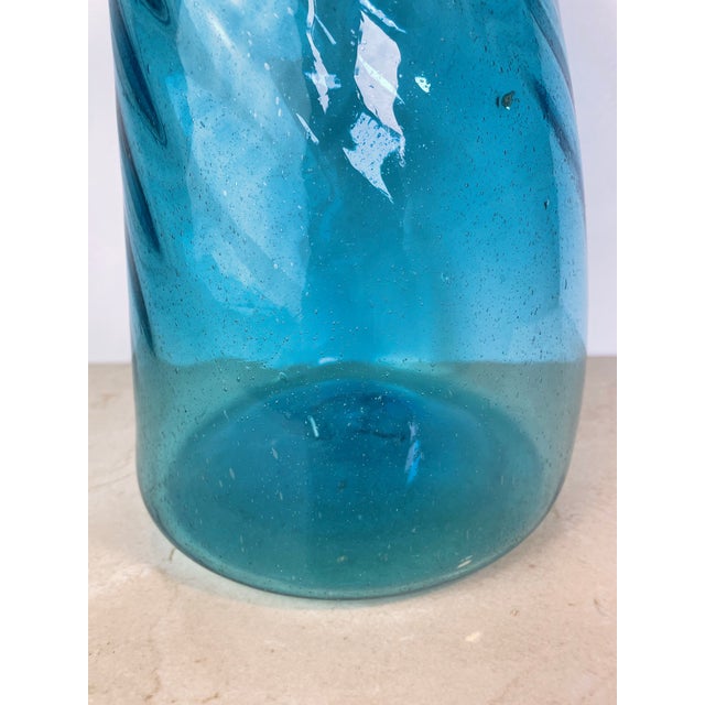 Mid-Century Modern Vintage Hand-Blown Aqua Optic Swirl Art Glass Floor Bottle For Sale - Image 3 of 8