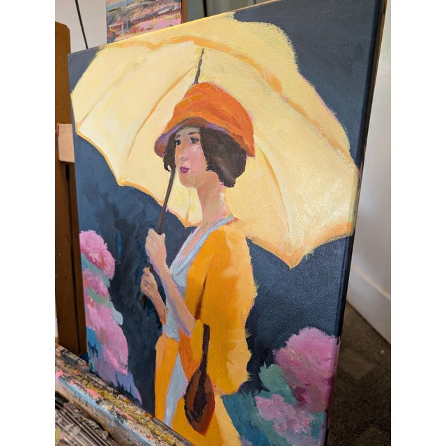 Impressionistic oil painting of a vintage woman with a yellow umbrella on a bright sunny day with flowers surrounding her.