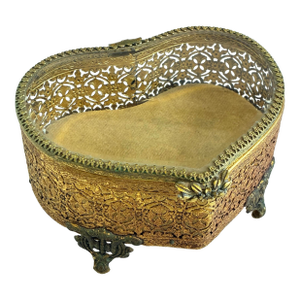 Vintage Gold Tone Heart Shaped Ormolu Filigree Jewelry Box