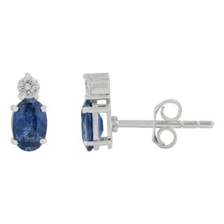 Classic 1.11 Carat Blue Sapphire & Diamond Stud Earrings in 14k White Gold- A Pair For Sale
