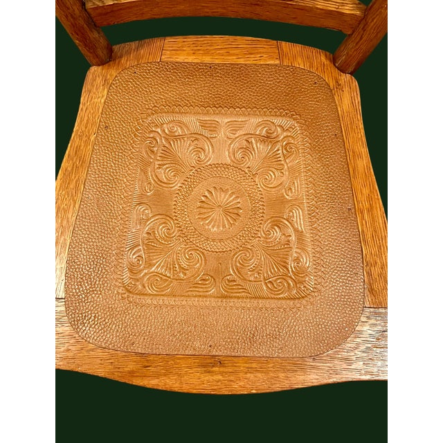 Antique Oak Spindle Chairs-Tooled Leather Seats-1900s Restored-Farmhouse-Rustic For Sale - Image 4 of 11