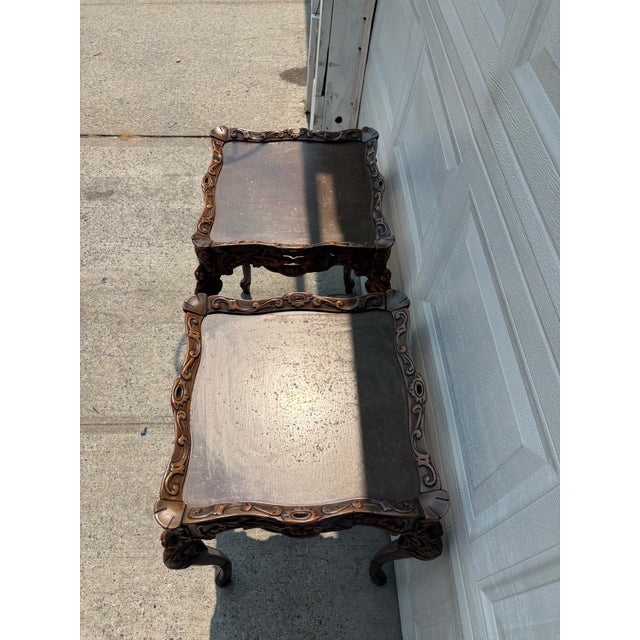 Brown Pair of Spanish Revival Carved Walnut Side Tables, Bird Motif, Baroque Style For Sale - Image 8 of 12