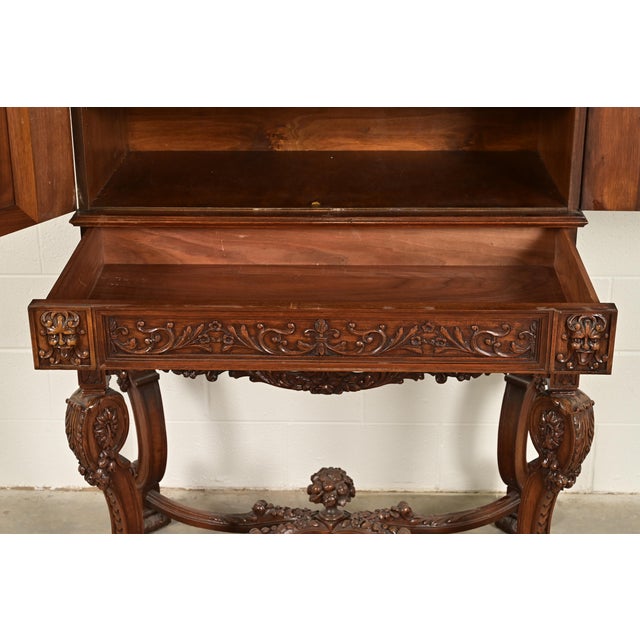 Wood Antique French Renaissance Revival Carved Walnut Bookcase or Bar Cabinet, Circa 1890s For Sale - Image 7 of 15