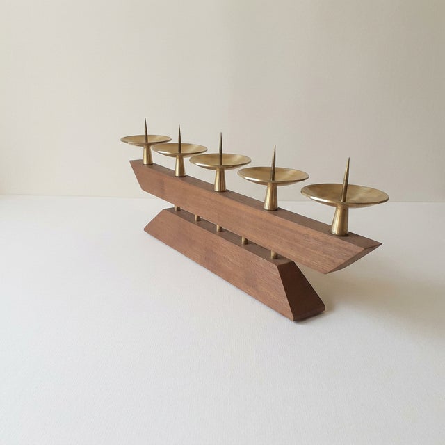 Vintage Scandinavian Modernist Art Deco Candlestick in Teak Wood and Brass, 1960s For Sale - Image 4 of 6