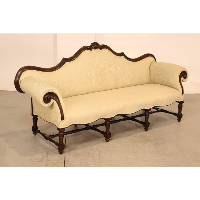High Quality Antique Italian Rococo Style Long Sofa Featuring A Carved Walnut Frame With Serpentine Crest Rail, Scrolled...