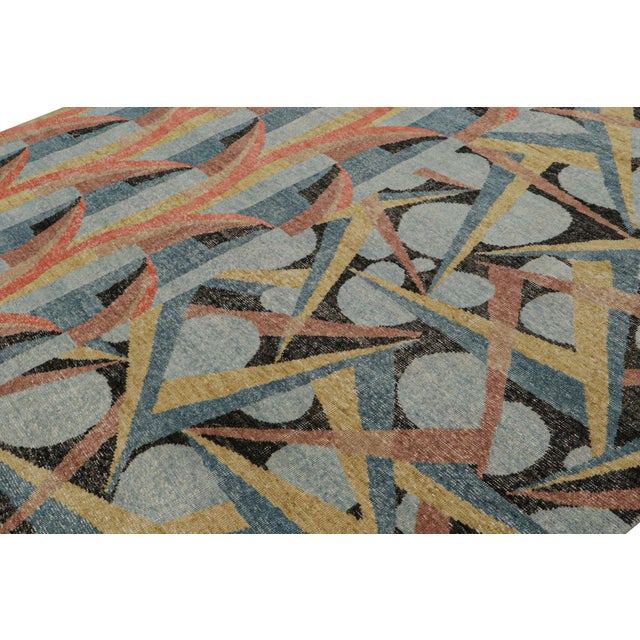 Late 20th Century Rug & Kilim’s Distressed Deco Rug in Blue & Beige-Brown Geometric Patterns For Sale - Image 5 of 7