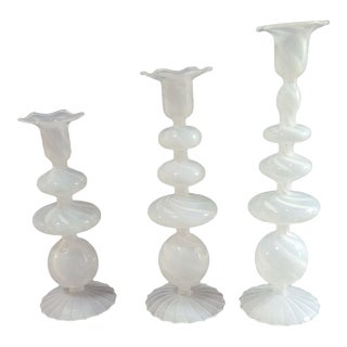 Vintage Graduated White Opaline Art Glass Candlesticks- Set of 3 For Sale