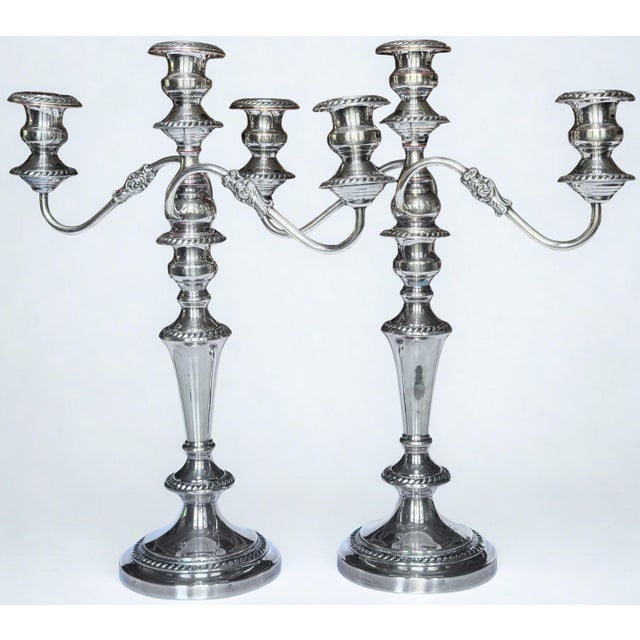 MOS2026Antique Silver Plated Three Arm English Candleabras - A Pair For Sale - Image 13 of 18