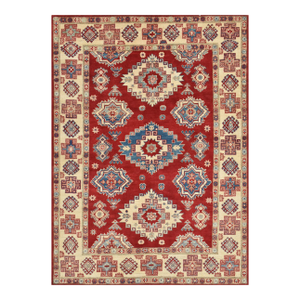 Kazak Rug 4'9'' X 6'5'' Red Wool Tribal Geometric Hand-Knotted Oriental Carpet