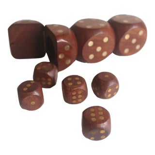 Vintage Wood and Brass Dice Holder Box Set of Five Dice For Sale