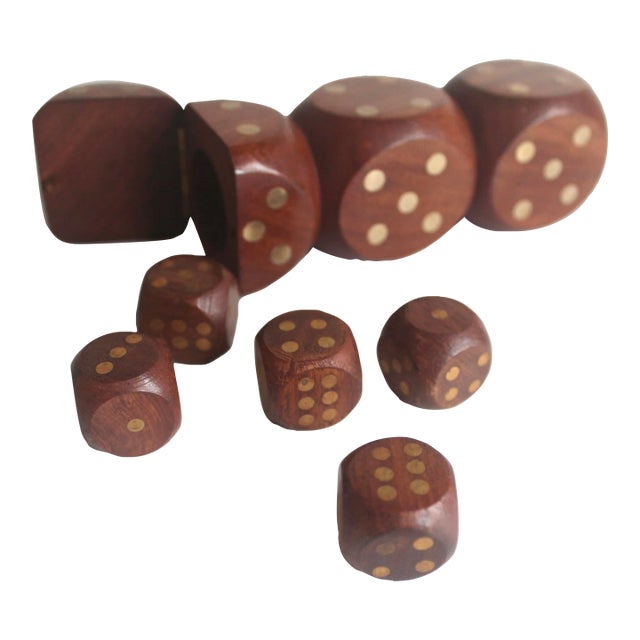 Vintage Wood and Brass Dice Holder Box Set of Five Dice For Sale