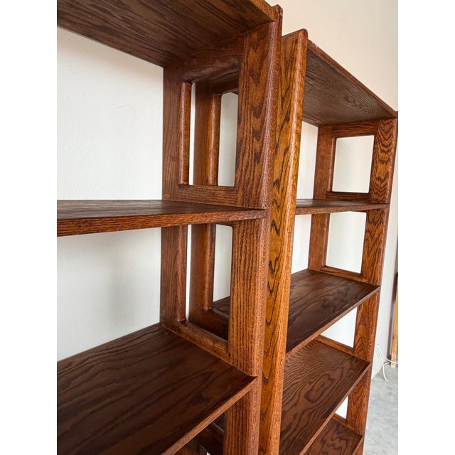 1970s Mid-Century Lou Hodges Style Solid Oak Six-Tier Bookcases – A Pair For Sale - Image 12 of 15