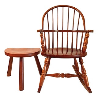 1980s Frederick Duckloe & Bros Early American Colonial Revival Child's Windsor Rocking Chair and Milking Stool Set For Sale