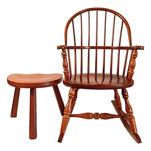 1980s Frederick Duckloe & Bros Early American Colonial Revival Child's Windsor Rocking Chair and Milking Stool Set For Sale